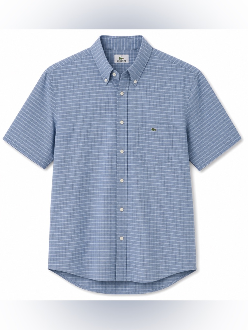 🐊 Lacoste Blue Plaid Short Sleeve Button Down Shirt - Size 44 (XL) - 100% Cotton